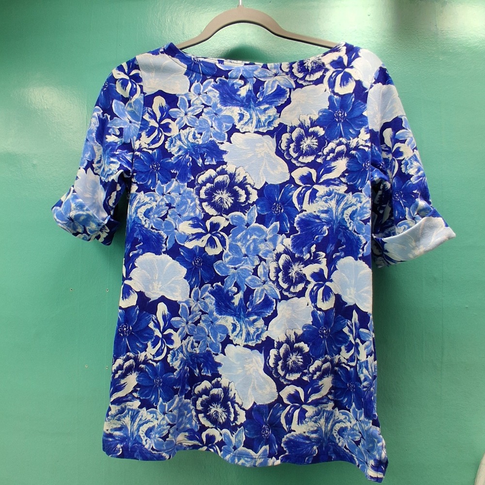 Style & Co Floral Boatneck Top S Blue White Coastal Grandma Core Tee